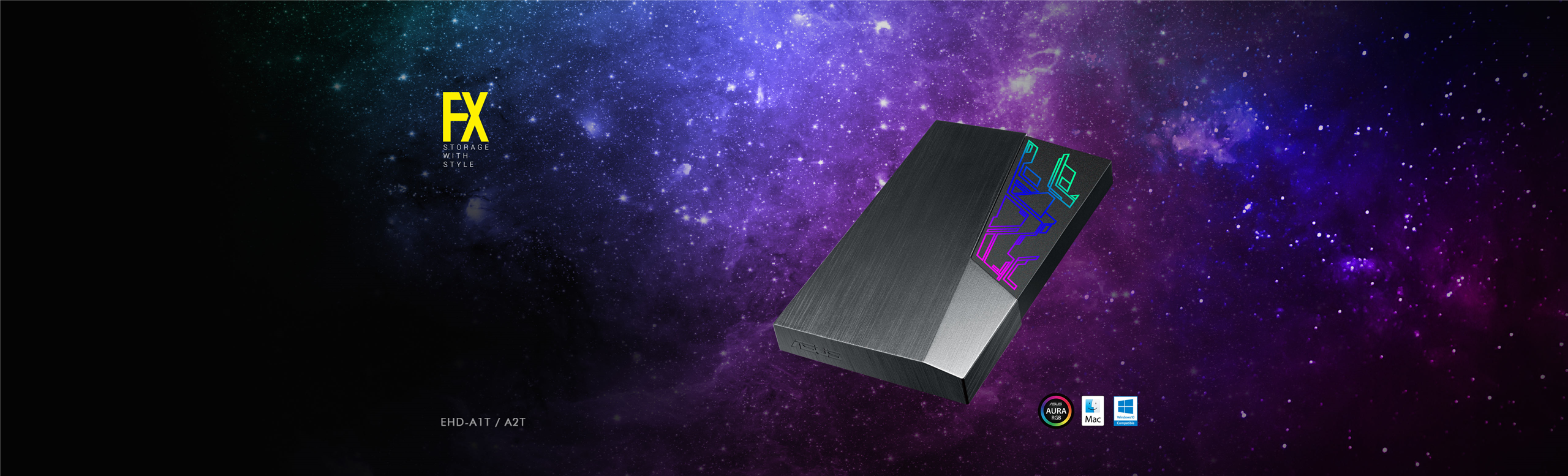 L'immagine mostra un dispositivo elettronico rettangolare dall'aspetto elegante e moderno, con una superficie nera e scritte colorate. Lo sfondo è uno spazio stellato in sfumature di blu e viola.