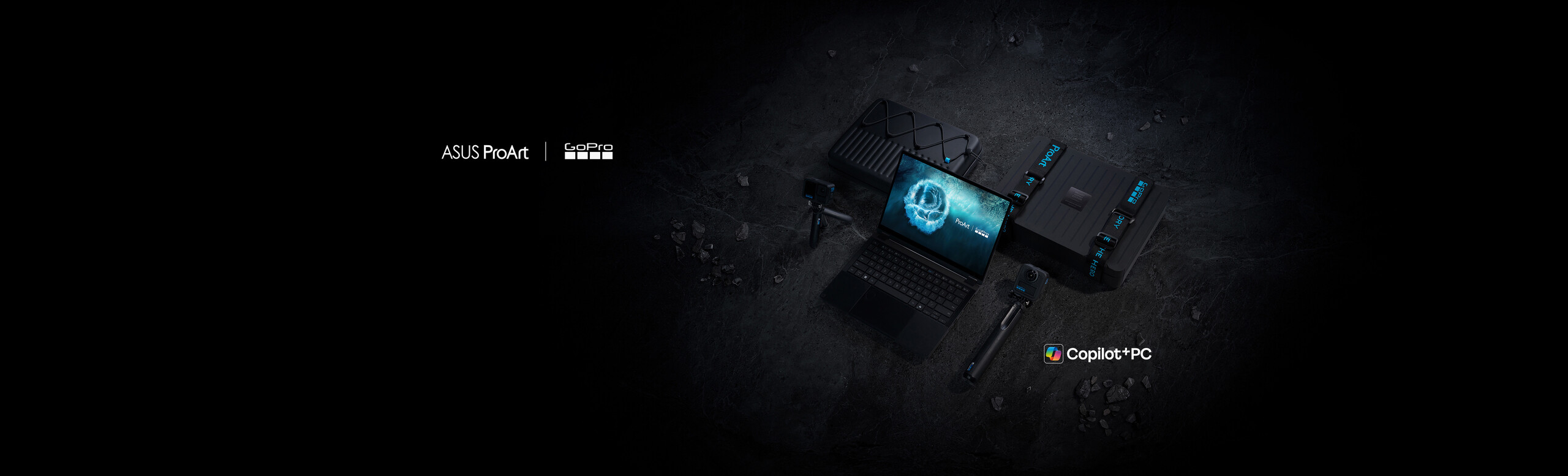 Image of ProArt GoPro Edition laptop with full co-branded design collection, includinga package and a sleeve.