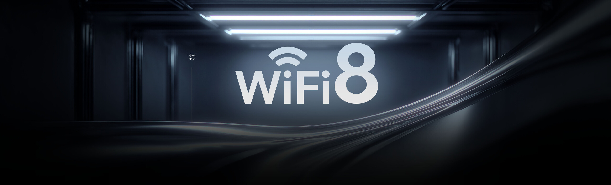 “WiFi 8” text on a sleek metallic wave flowing through a futuristic lab space with bright overhead lighting.