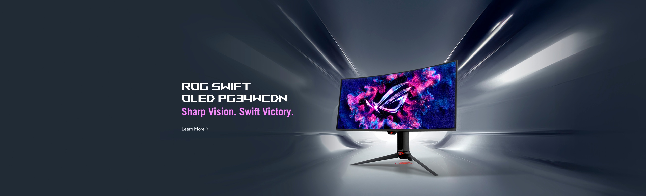 Curved ROG Swift OLED PG34WCDN monitor displaying a blue-pink nebula graphic, positioned on a stand inside a smooth metallic tunnel. Text on the left shows feature labels: RGB Stripe Pixel, BlackShield Film, and 360Hz Refresh Rate. A small ‘No.1 OLED for Gaming’ badge appears in the lower-right corner.