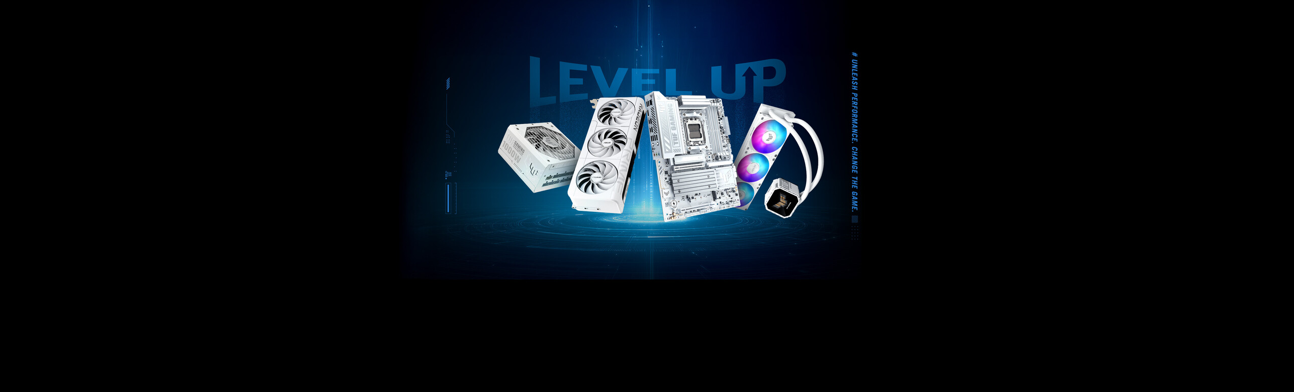 Upgrade What Matters giveaway banner showing a custom ROG components, including motherboard, AIO cooler, power supply unit, and graphics card.