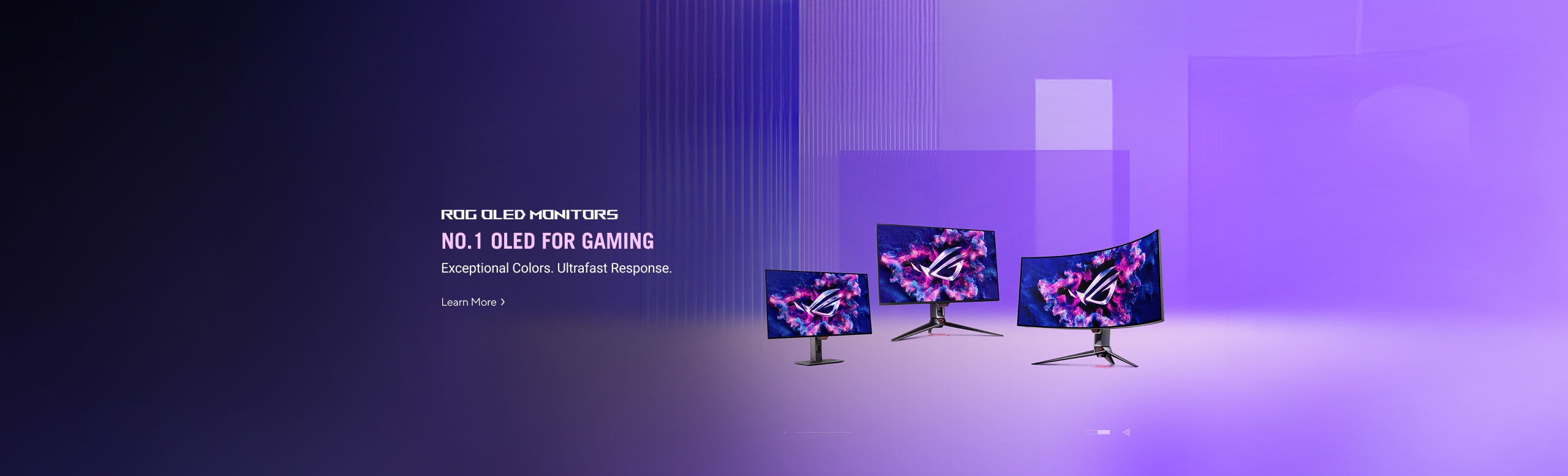 A banner for ASUS ROG OLED gaming monitors against a purple and blue gradient background with a geometric pattern. Large text reads "NO.1 OLED FOR GAMING" and "ROG OLED GAMING MONITORS.